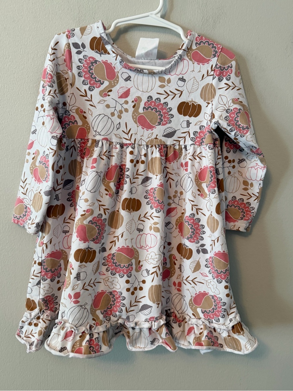 Stitchy Fish Long Sleeve Turkey & Pumpkin Print Dress - Pink & Brown